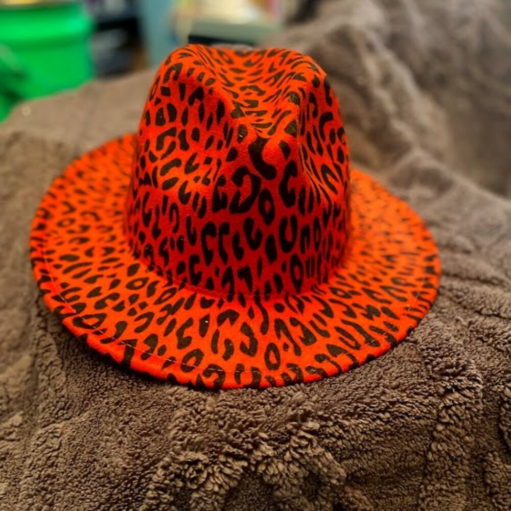 LEOPARD CHEETAH PRINT WIDE BRIM FELT FEDORA PANAMA HAT - ORANGE